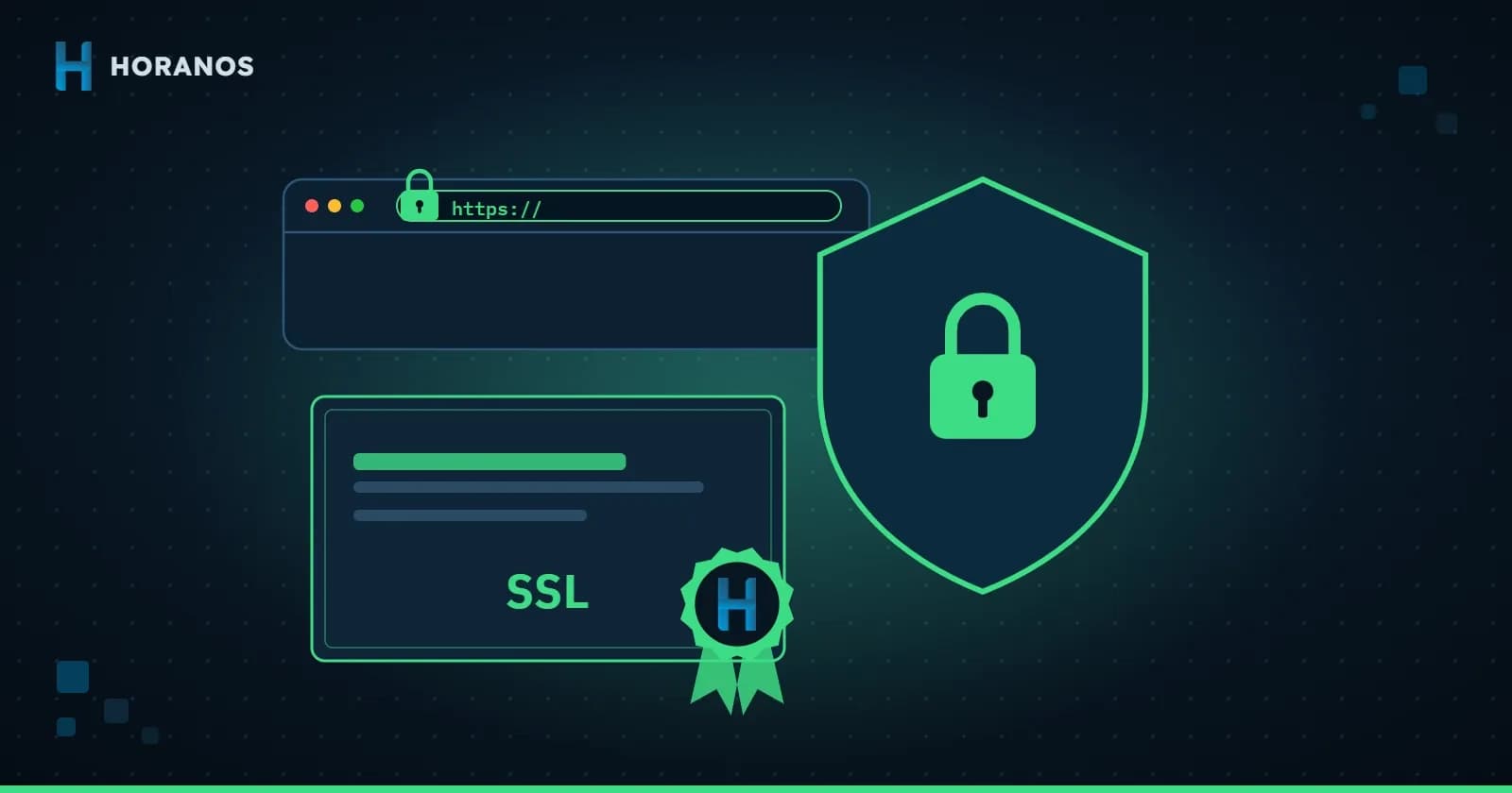 Illustration of a security shield and an SSL certificate with the Horanos seal beside a secure https browser bar