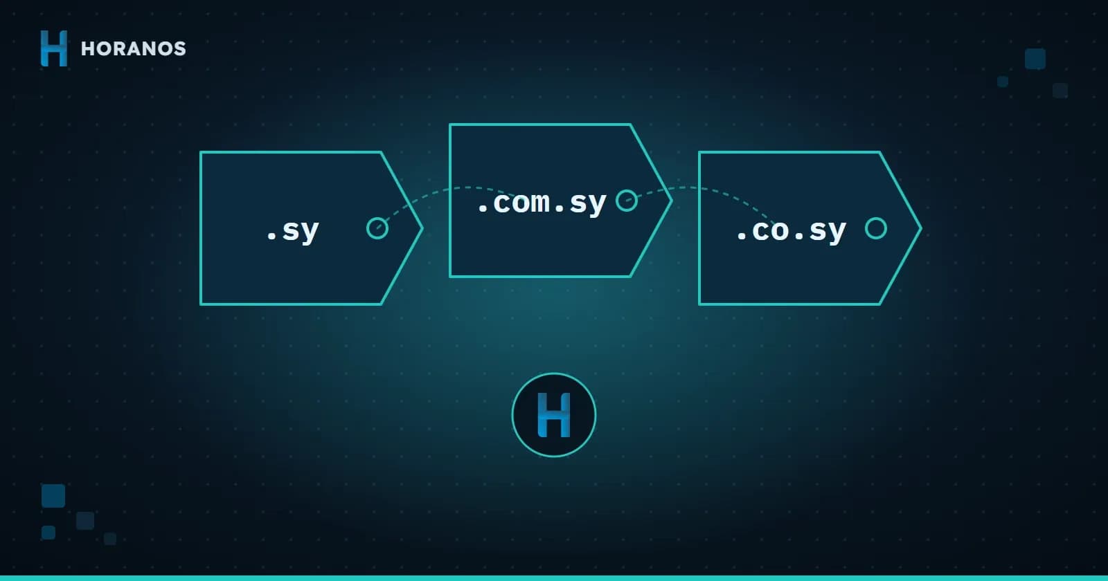 Illustration of price tags for the Syrian domains .sy, .com.sy and .co.sy with the Horanos logo