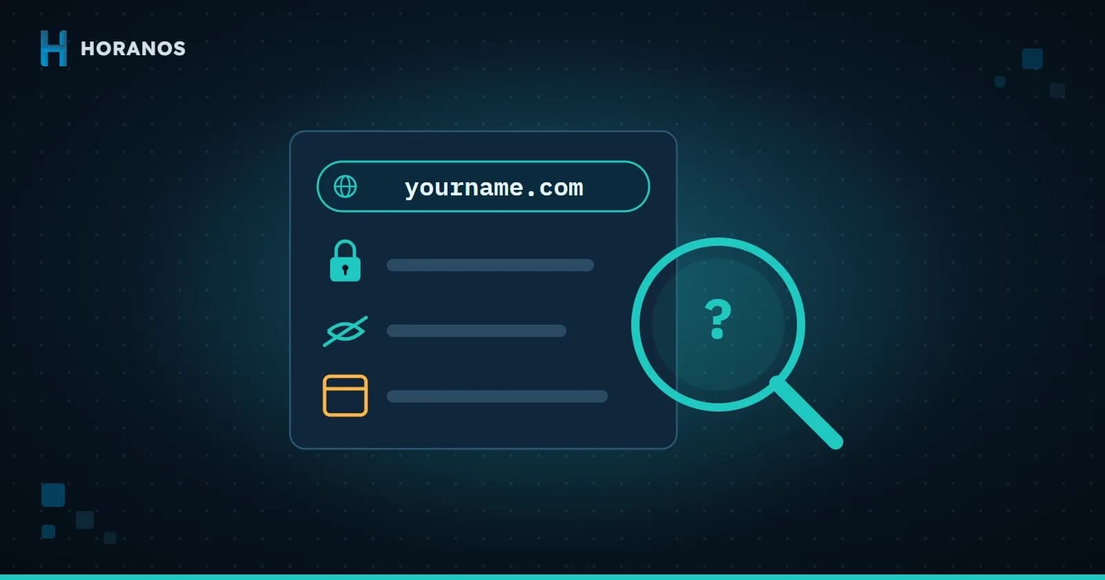 Illustration of a magnifying glass revealing domain details before purchase: transfer lock, WHOIS privacy and expiry date