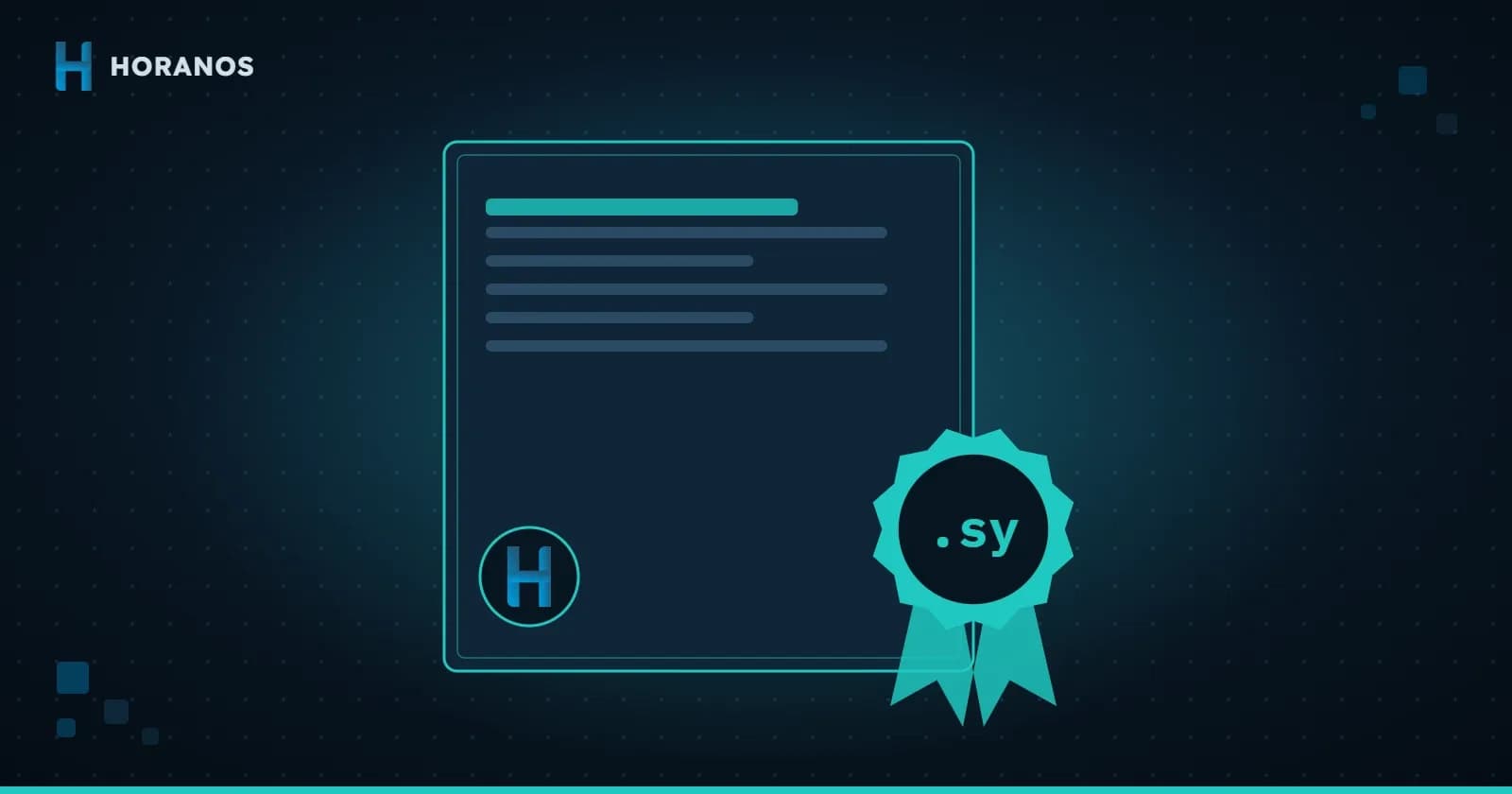 Illustration of an official license certificate with a .sy seal and the Horanos logo as an accredited Syrian domain registrar